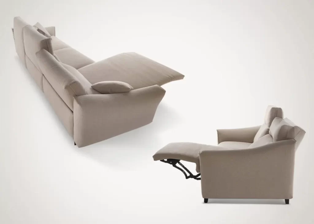 Divano relax elettrico moderno con sedute reclinabili e meccanismo relax motorizzato